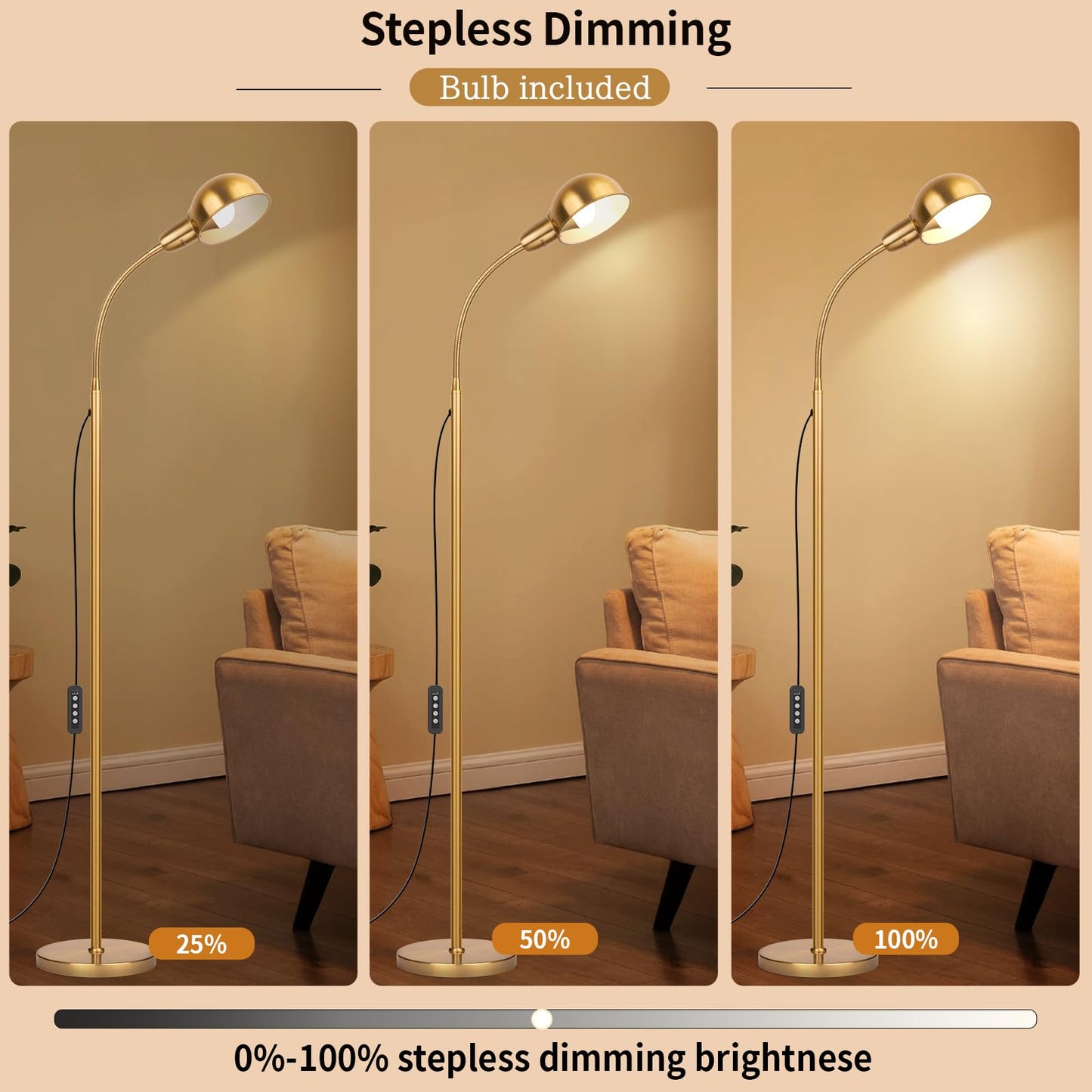 Ruiever Gold Floor Lamp with Flexible Gooseneck and Rotatable Shade，Standing Lamp Include Dimmer LED Bulb，Ideal Tall Lamp with Dimmer and Timer Switch for Reading,Bedside and Living Room (Gold)