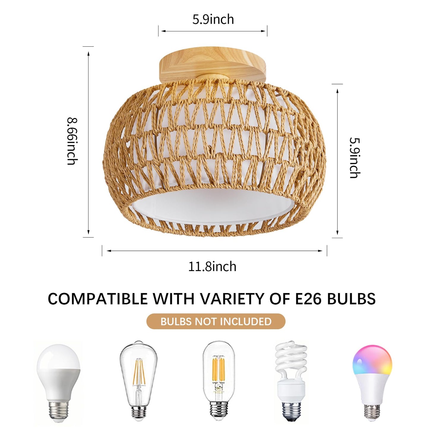 Rattan Ceiling Light Fixture，3 Style Options Boho Flush Mount Ceiling Lights, Hand-Woven Rattan Chandelier,Mini Bohemian Wicker Light Fixtures, Farmhouse Light Fixture for Bedroom Hallway Entryway