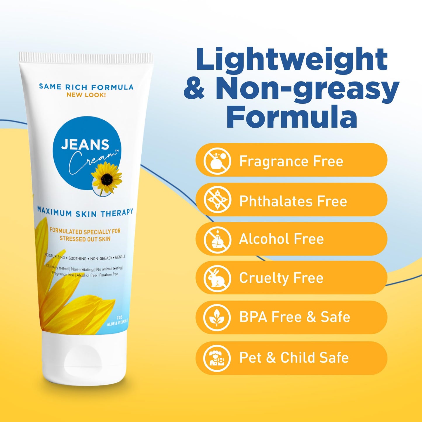 Jeans Cream, Maximum Skin Therapy Radiation Burn Cream, Moisturizing Vitamin E and Aloe Vera Cream for Compromised Skin, Minor Cuts, Sunburn and More, Non-Greasy Formula, 7 oz