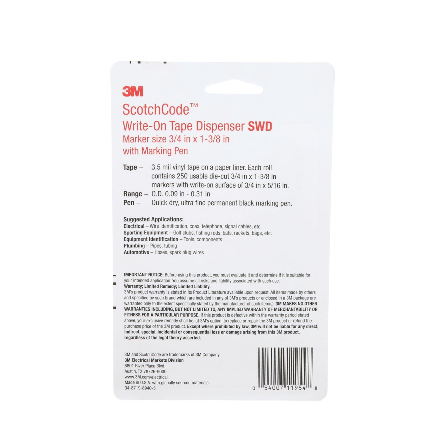 3M ScotchCode Wire Marker Write-On Dispenser with Tape and Pen SWD, 0.75 in x 1.375 in, Pack of 1