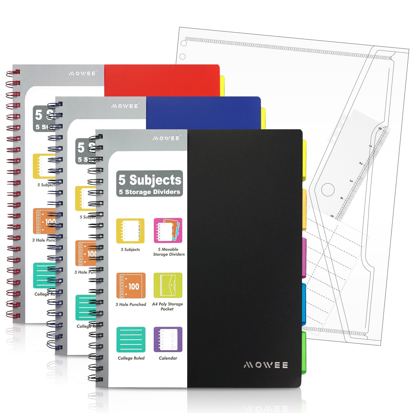 MOWEE 5 Subject Notebook, 3 Pack College Ruled Notebook with Storage Divider Pockets, Index Tabs, 11" Ruler, 200 Pages, for School, Business, Office Supplies, 8.1''x11.7''（Black Red Blue