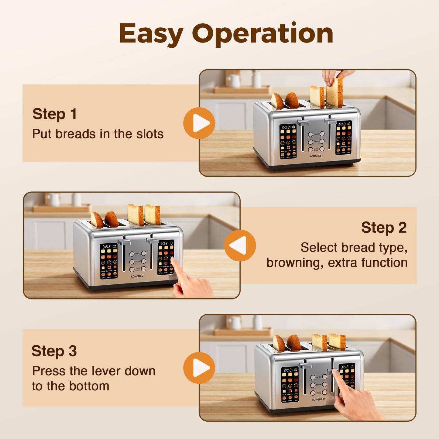 4 Slice Touch Screen Toaster, Stainless Steel Toaster with Wide Slots for Bagels and Bread, Reheat/Defrost/Cancel Functions, Removable Crumb Tray, Silver