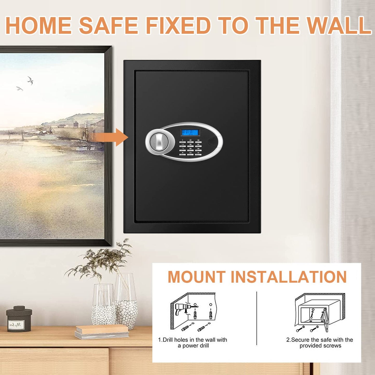 3.0 Cubic Feet Home Safe Fireproof Waterproof, Digital Home Security Safe Box with Programmable Keypad and Spare Keys, Document Safe for Money Firearms Medicine Valuables