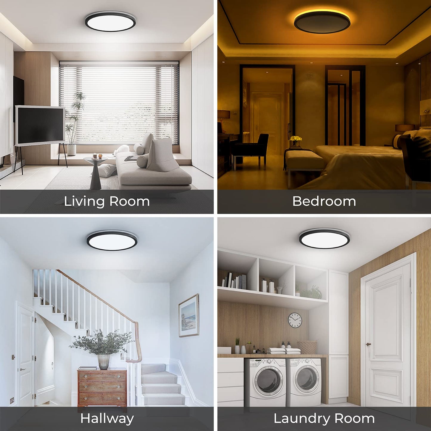 Matane 2Pack LED Flush Mount Ceiling Lights with Night Light, 12inch 24W Dimmable Ceiling Light Fixture 3000K/4000K/5000K Selectable, Black Flushmount Light for Bedroom, Kitchen, Laundry Room