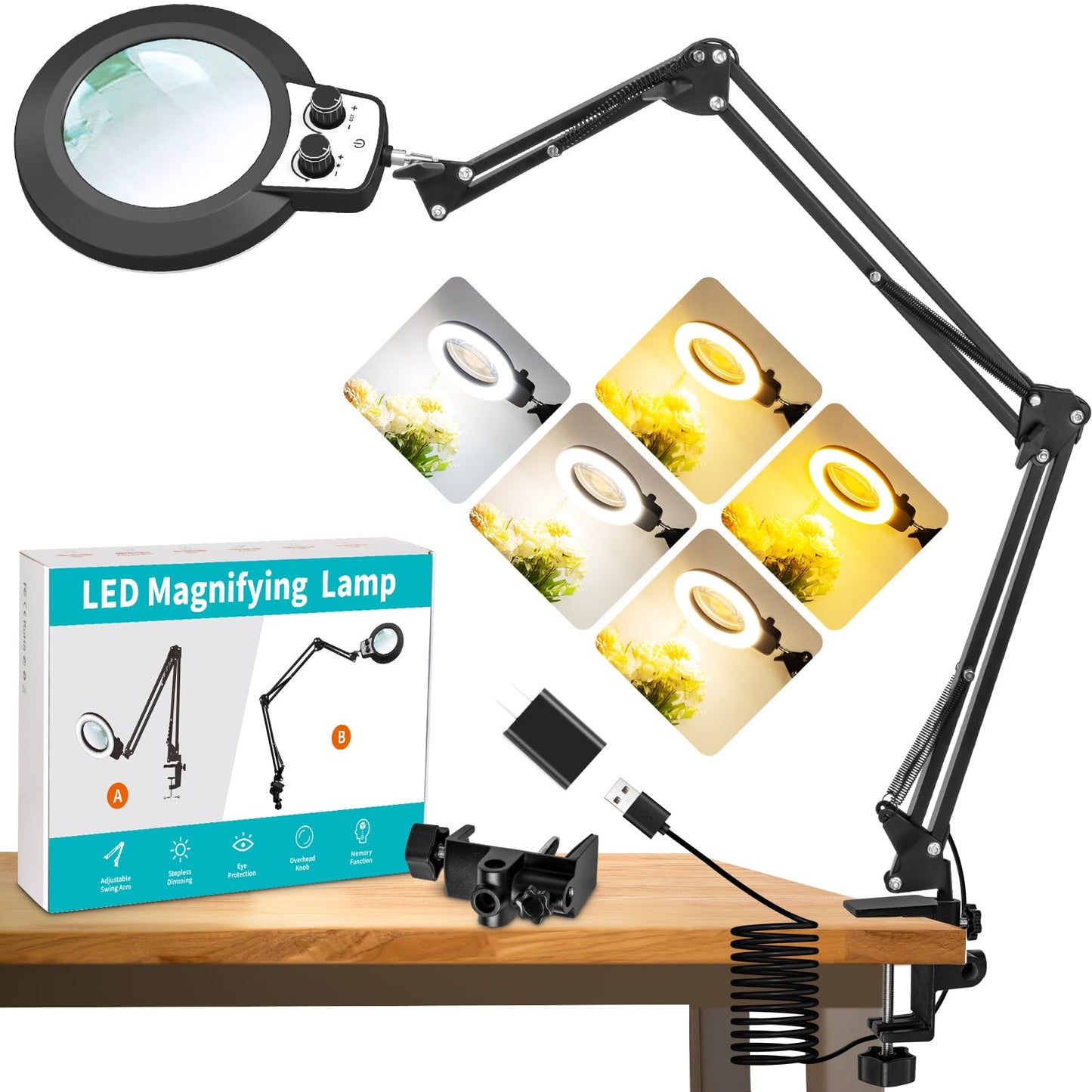 KMDES 12X Magnifying Glass with Light and Stand, Extended Long Arm Magnifying Lamp for Close Work, Craft, Sewing, Workbench, Repair, Knob Lighted Magnifier Desk Light Adjustable Color and Brightness