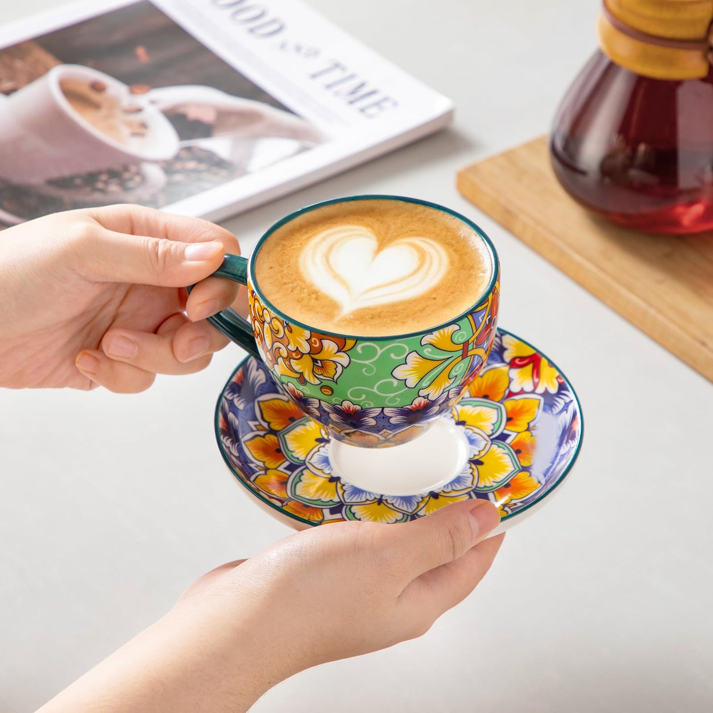 vancasso 8 oz Cappuccino Cups with Saucers Set of 6, Bohemian Ceramic Coffee Cup for Latte, Tea, Espresso, Microwave & Dishwasher Safe - Porcelain Tea Cups and Saucers for Kitchen or Cafe