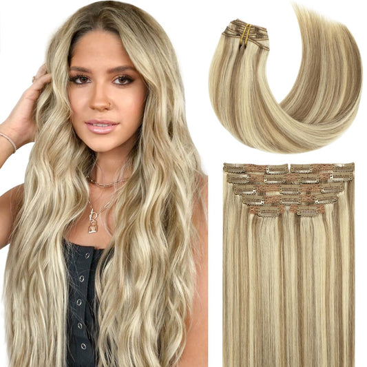 Lacer Clip In Hair Extensions Real Human Hair 20 Inch Light Brown Highlighted Platinum Blonde Thick Silky Straight Remy Human Hair Clip in Extensions 7 Pieces 120 Gram