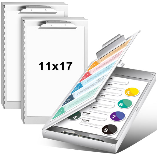 Chivertion 2 Pcs Aluminum 11'' x 17'' Clipboard with Storage Heavy Duty Metal Lightweight Form Holder with Capacity Clip 1 Compartment Clipboard for Student Teacher