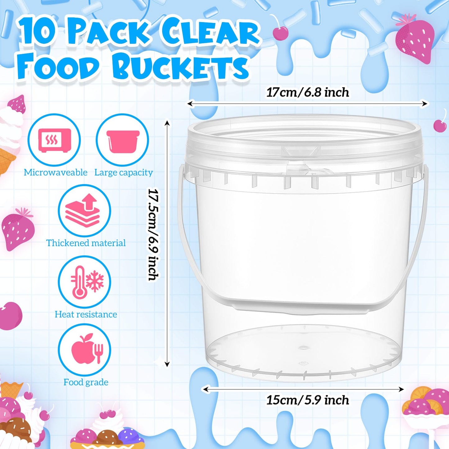 Afarnook 10 Pack 1 Gallon / 128 oz / 3.8 L Clear Plastic Bucket with Handle and Lids Food Storage Containers Freeze Safe Ice Cream Tubs for Deli Kitchen Drinks Home