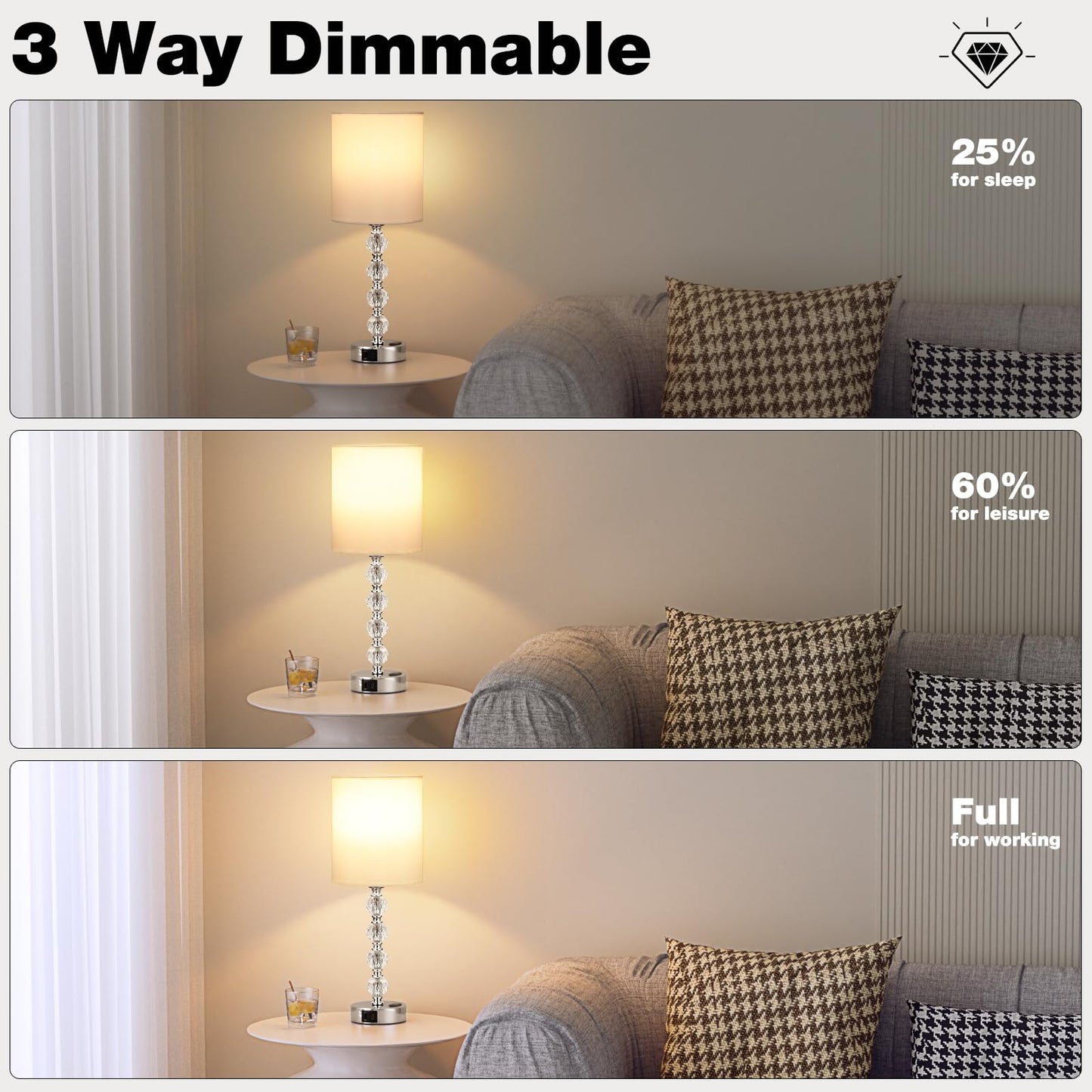 Acaxin Touch Bedside Crystal Lamps for Bedrooms Nightstand with USB C+A Charging Port and AC Outlet White, 3 Way Dimmable Silver Large End Side Table Lamp for Living/Guest/Dinning Room/Kitchen
