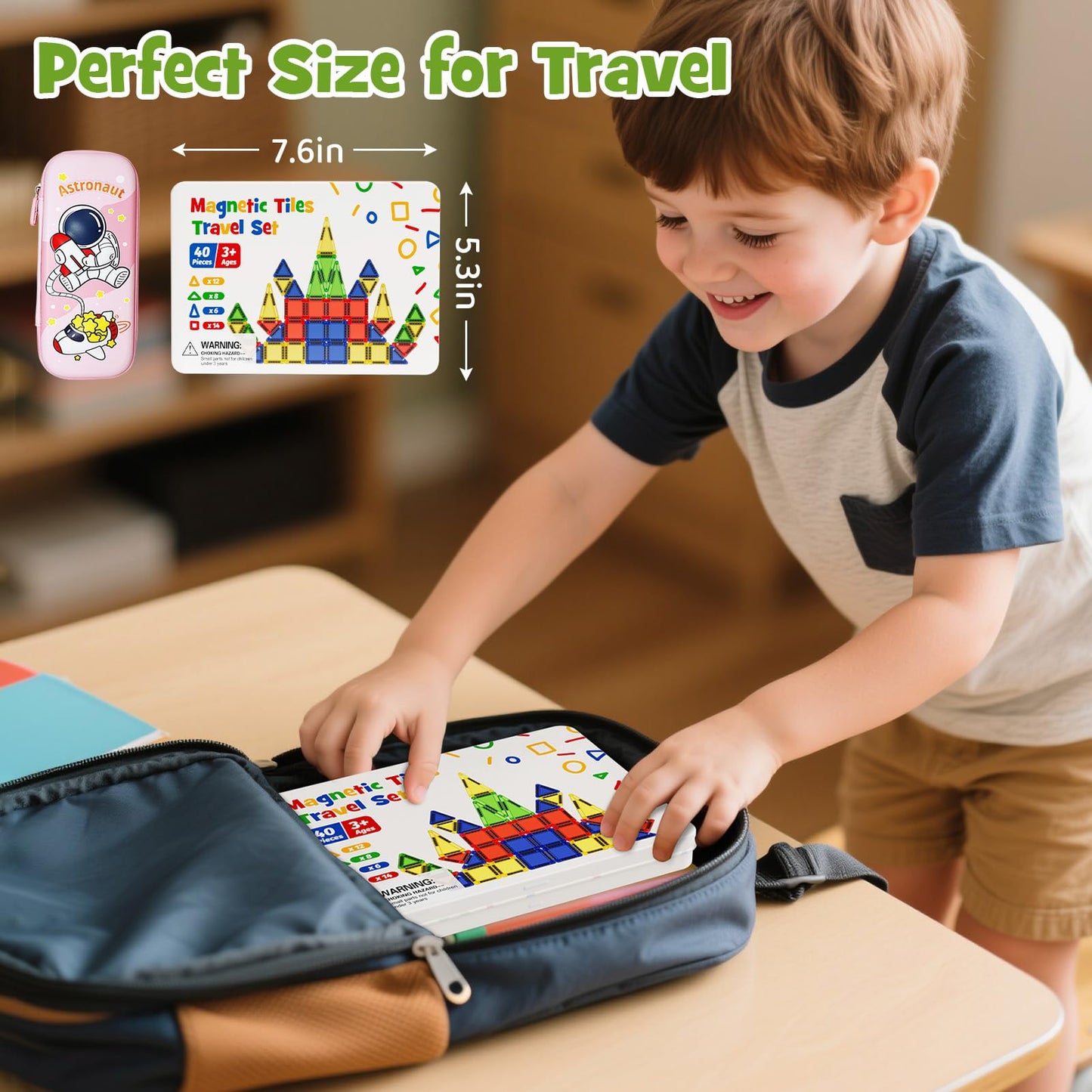 Portable Magnetic Tiles for Kids Travel - 40pcs STEM Building Blocks with Visual Storage Guide & Metal Box Play Base, Toddler Airplane Activities Toys for Ages 3-5,4-8, Compact Travel Toys