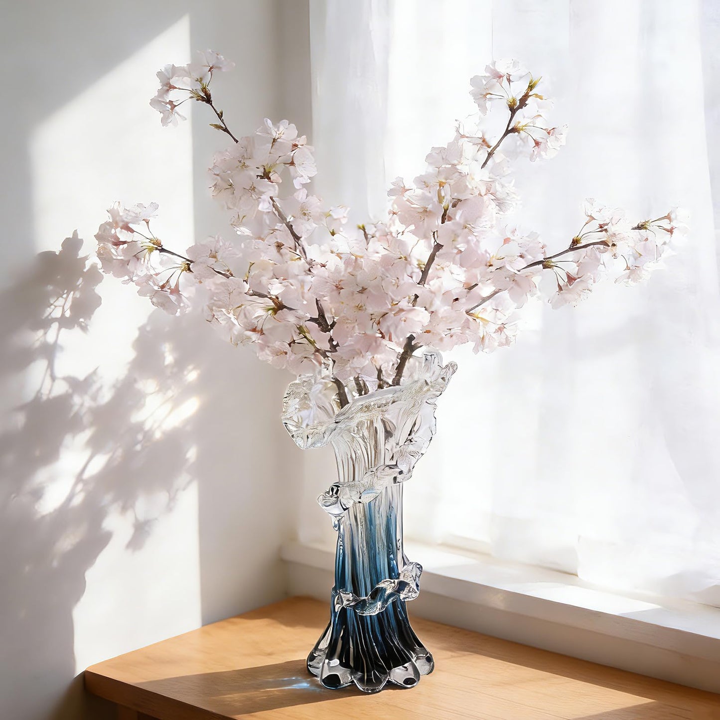 Hand Blown Blue Glass Vase, Unique Art Beautiful Ocean Glass Vase for Coastal Home Decor, Coffee Table, Living Room, Office Decor - 9.8" H (Medium)