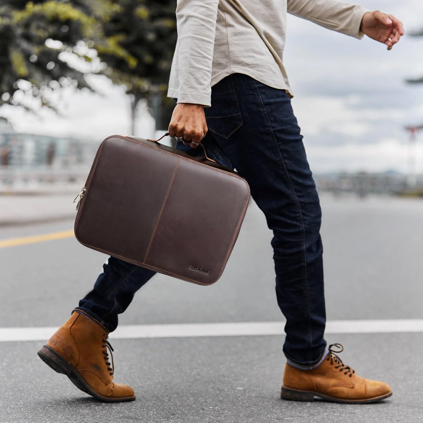 Polare Full Grain Leather Document Organizer Bag Storage Cabinet Box Portable Home Business Safe Folder with Lockable YKK Zipper