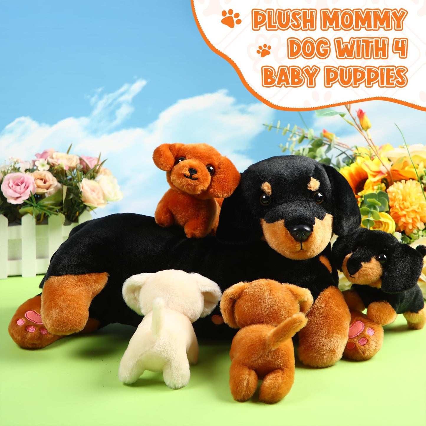 Honoson Nurturing Dog Stuffed Animal Set with 4 Baby Puppies, Soft Cute Dog Themed Plush Toys for Kids, Girls, Boys Birthday, Valentine Gifts