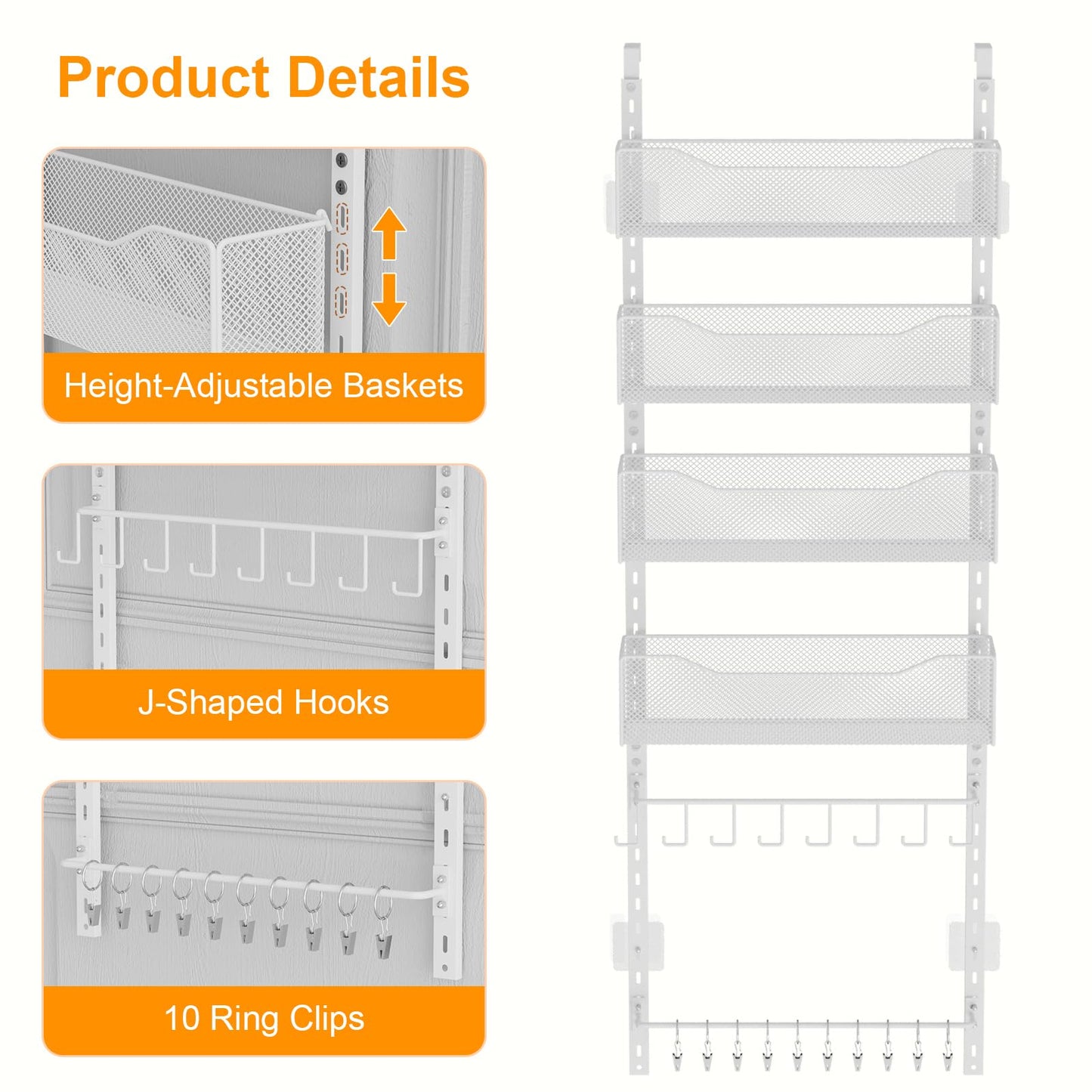 Over the Door Organizer, 2 in 1 Metal Hanging Closet Organizer & Hat Rack with 4 Adjustable Baskets, 8 Hooks, 10 Clips, Behind The Door Storage for Bedroom, Bathroom, Entrance, Closet, Kitchen, White