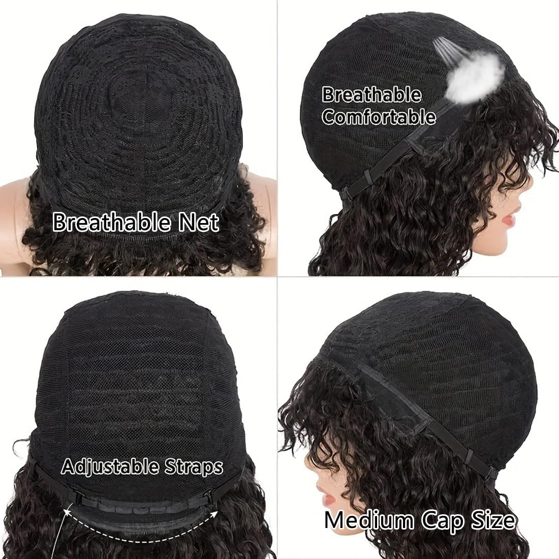 Queenset Short Curly Human Hair Wigs with Bangs Glueless Wigs for Black Women Human Hair Wear and Go Brazilian Deep Wave Curly Wigs with Bangs None Lace Front Wigs Human Hair Natural Black Color