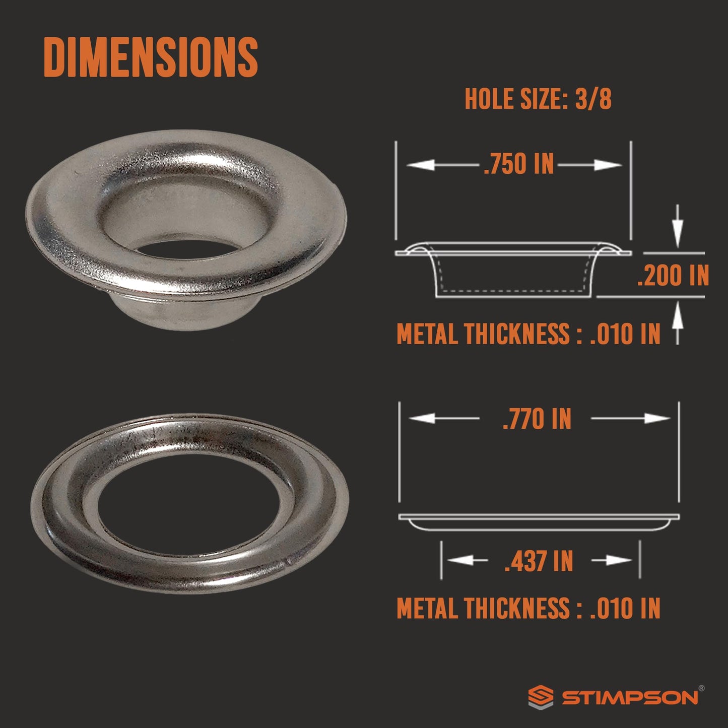 Stimpson Self-Piercing Grommet and Washer Set - 304 Stainless Steel Grommets Set for Tarps, Fabric, Leather, Banners, & More - Marine Grade, Heavy Duty Machine Parts, #2 Size (500 Sets of Each)