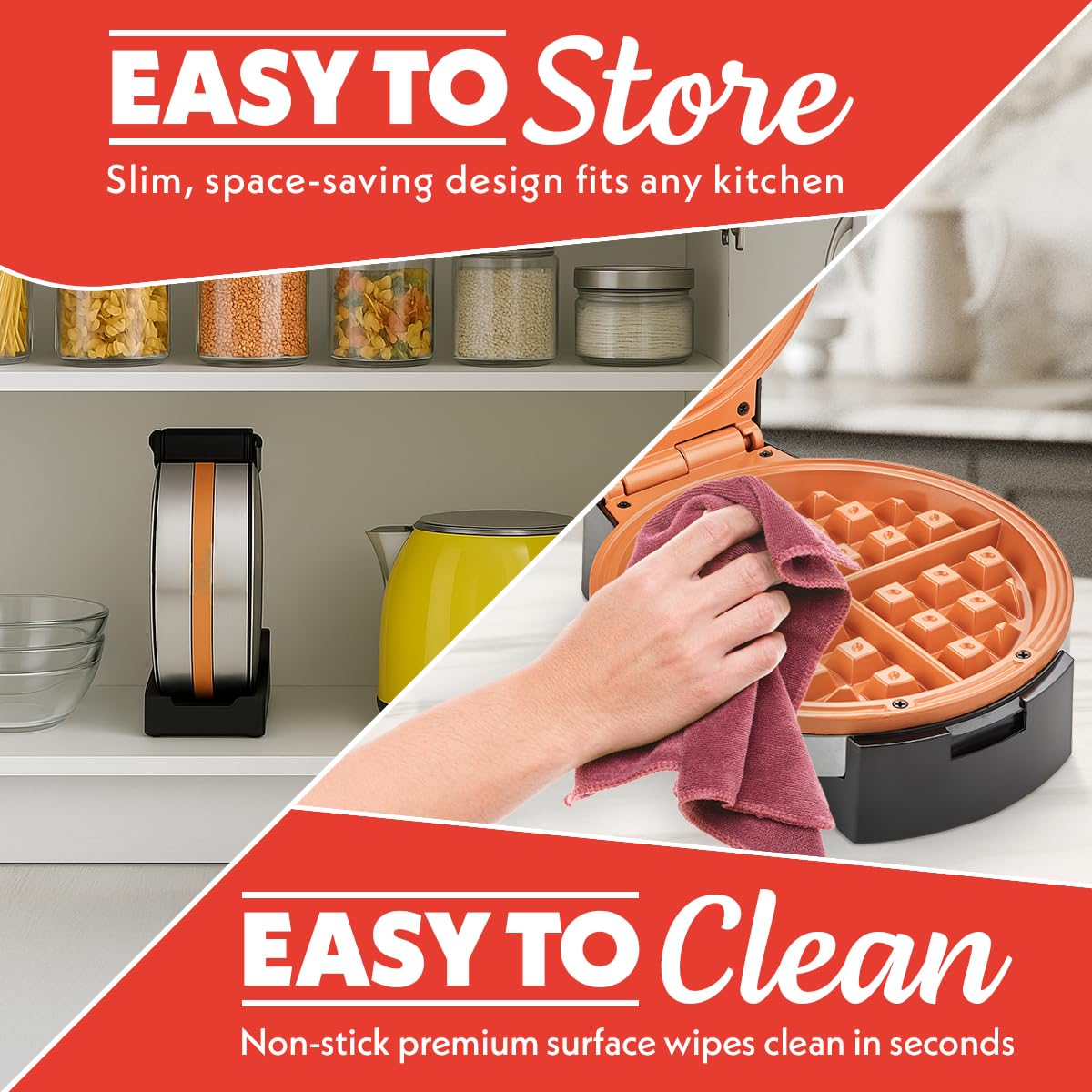 Gourmia Belgian Waffle Maker – Adjustable Browning Control, Nonstick Plates, Ready & Power Indicator Lights, Compact Upright Storage, Cool-Touch Handle