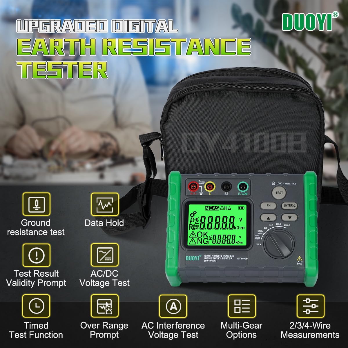 DUOYI Earth Resistance Tester 0.03-2000 ohm Meter,Upgraded Digital Earth Ground Resistance Tester 2/3 Wire Measurement AC/DC Voltage Meter with Batteries,Tool Bag
