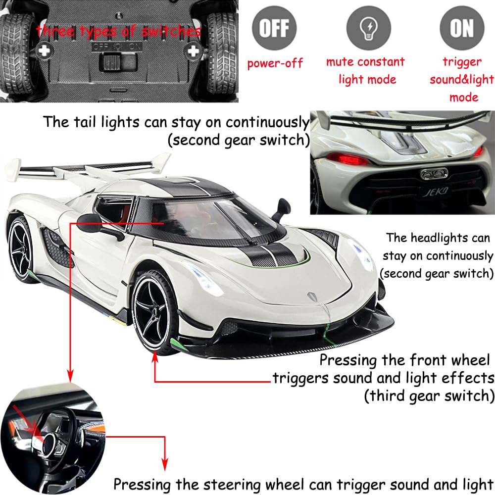 Therina Toy Cars Model Koenigsegg Jesko 1/24 White Alloy Collectibles Die-cast Vehicles with Sound and Light