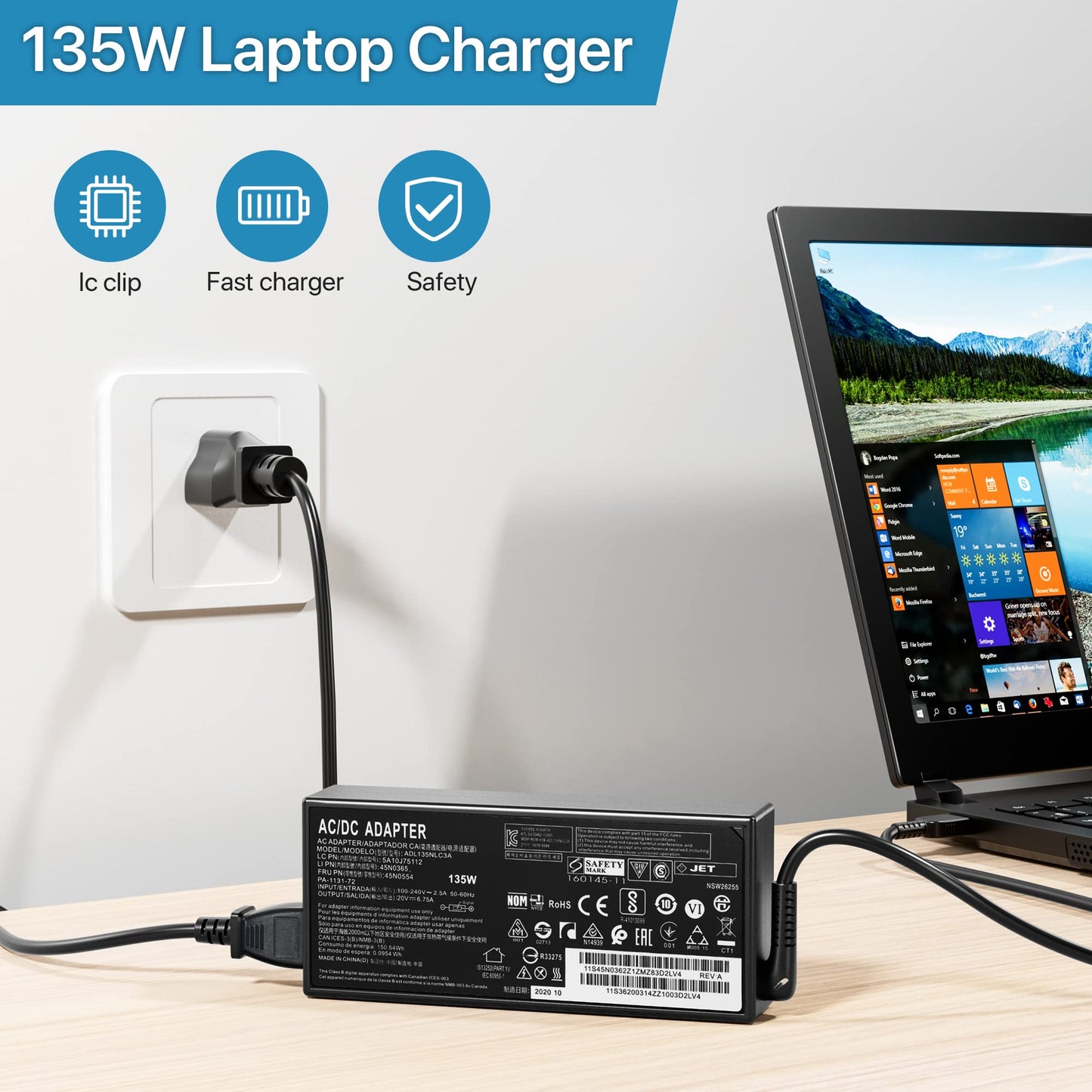 135W Laptop Charger for Lenovo Thinkpad 135W AC Adapter Slim Tip 4X20E50558