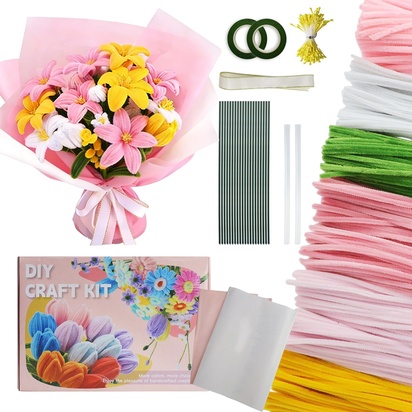 500PCS Pipe Cleaner Flower Kit,Bulk Pipe Cleaners Craft,Chenille Stems with Wrapping Paper for Valentine's Day Mother's Day Graduation Birthday