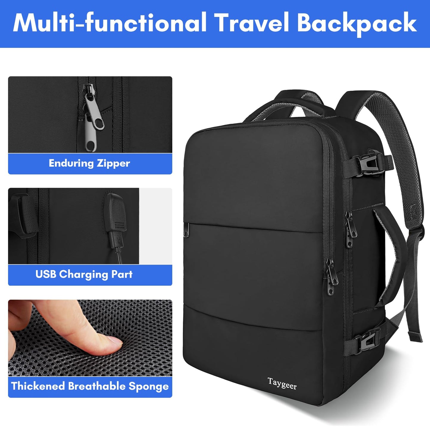 Taygeer Travel Backpack for Men Women, Carry On Backpack with USB Charging Port & Shoe Pouch, TSA 17.3inch Laptop Backpack Flight Approved, Nurse Bag Casual Daypack for Weekender Business Hiking,Black