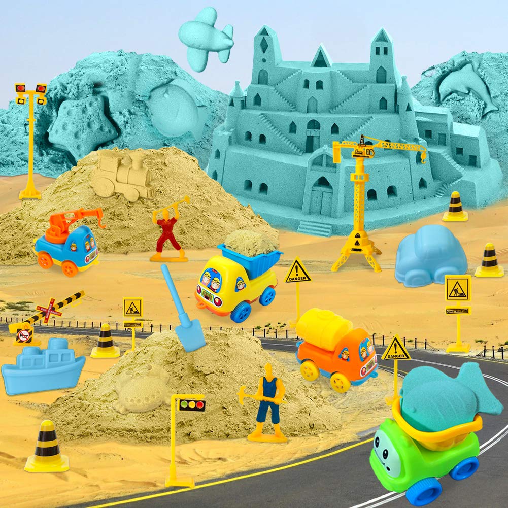 Play Construction Sand Kit - 3lbs Sand with 2 Colors, 6 Mini Construction Trucks, Construction Toys and Signs, Animal Mold, Modeling Tools, Foldable Sandbox with Clean Set Gifts for Boys Girls