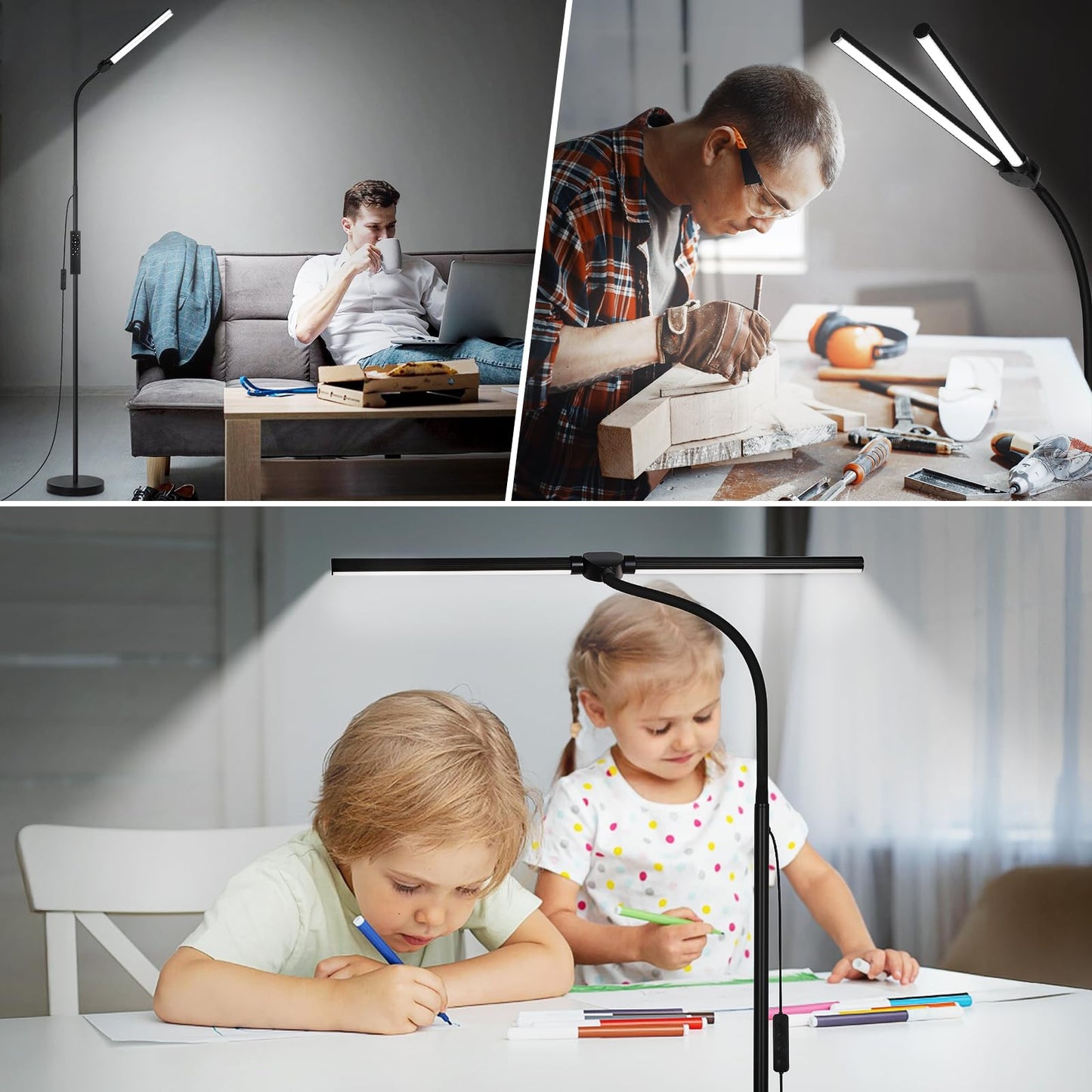 LED Floor Lamp with Remote Control, Bright 18W Floor Lamps for Living Room with Double Head, Adjustable Gooseneck Standing Lamp, Eye Caring Reading Light for Eyelash Extetions Craft Office