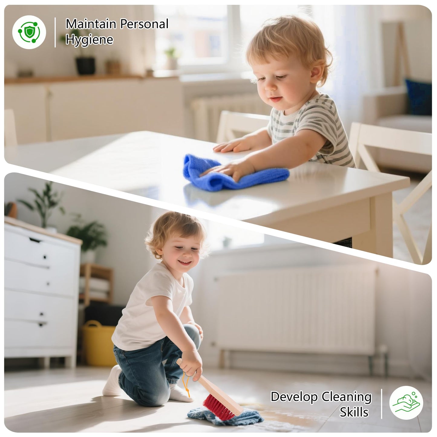 WOODMAM Wooden Kids Cleaning Set with Spray Mop, Montessori Cleaning Toys Real Water Sprayer and Toddler Broom Mop Set, Housework Pretend Play Toy Gift for Boys Girls Ages 3+