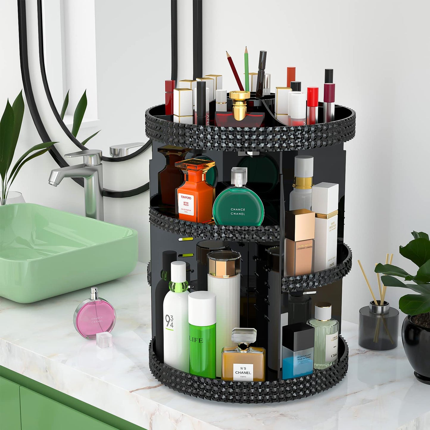 Famitree Black 360 Makeup Organizer Degree Rotating, 7 Layers Large Capacity Cosmetic Storage, Acrylic Makeup Organizers, Organizador De Perfumes Fits Makeup Brushes, Lipsticks, Bathroom, Black