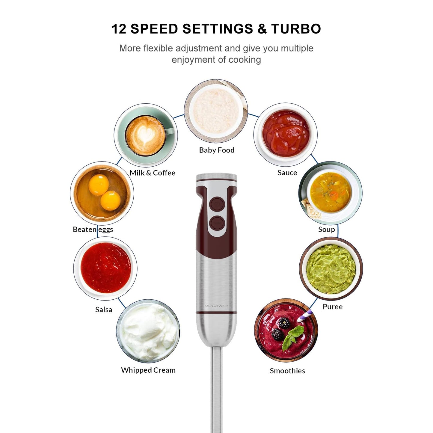 MegaWise 5-in-1 Immersion Hand Blender Set with Variable Speed, 400W, Stainless Steel - Includes Chopper, Whisk, Milk Frother, and Beaker - Ideal for Soups, Smoothies, Baby Food & More (RED)