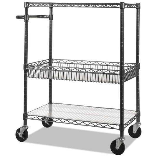 Alera Three-Tier Wire Cart, 34" x 18" x 40", Black
