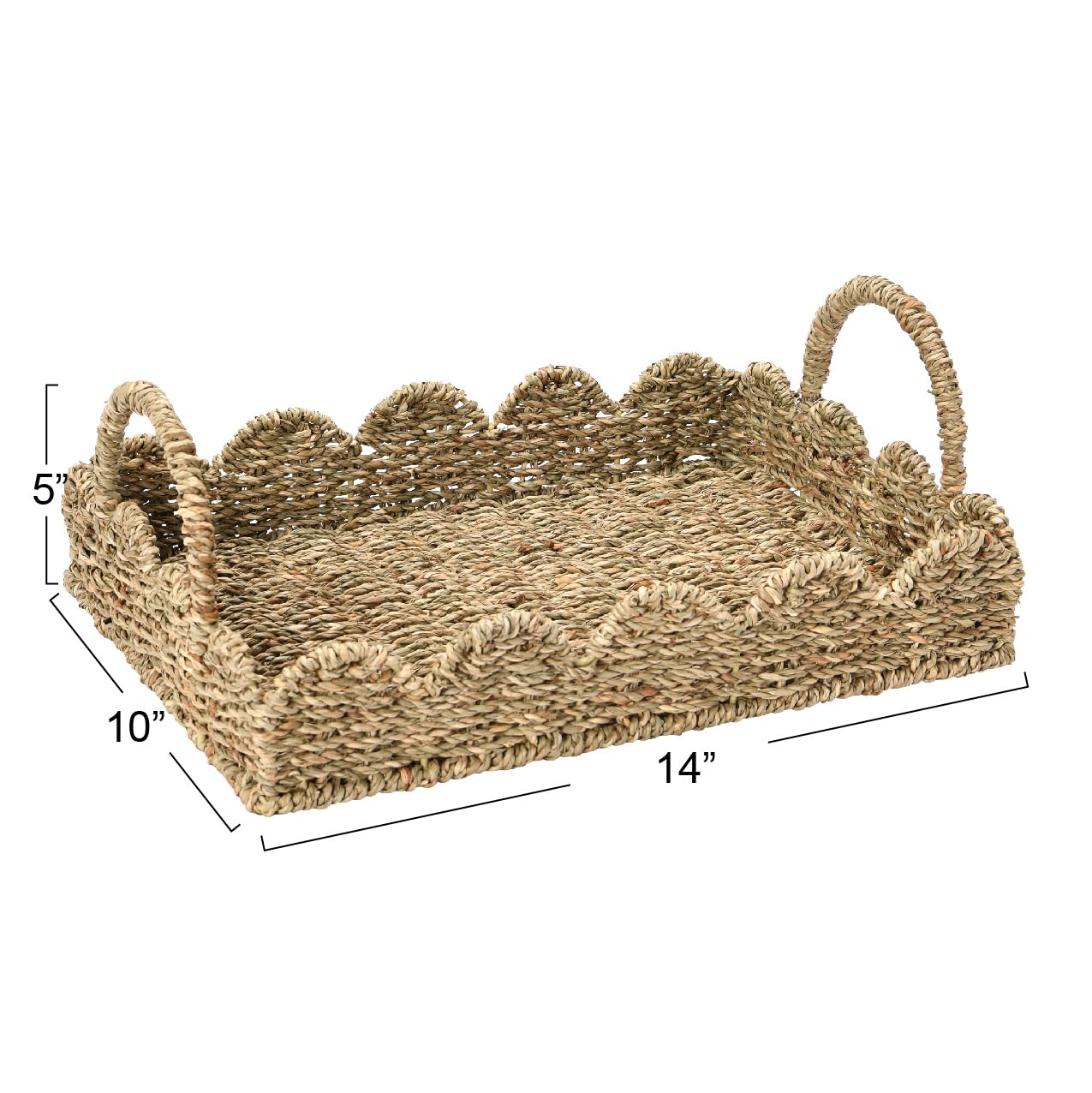 Household Essentials Seagrass Decorative Tray with Scalloped Edge, Handwoven Natural Wicker Organizer Basket with Handles & Iron Frame for Coffee Tables, Bathrooms & Countertops