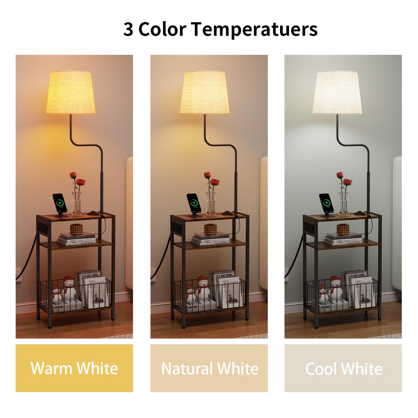 HavenlyYouth Floor Lamp with Table & Storage Baskets, End Table with 3 Color Temperatures LED Bulb, Nightstand with Charging Station, Shelves Side Table for Living Room, Bedroom, Office - Brown