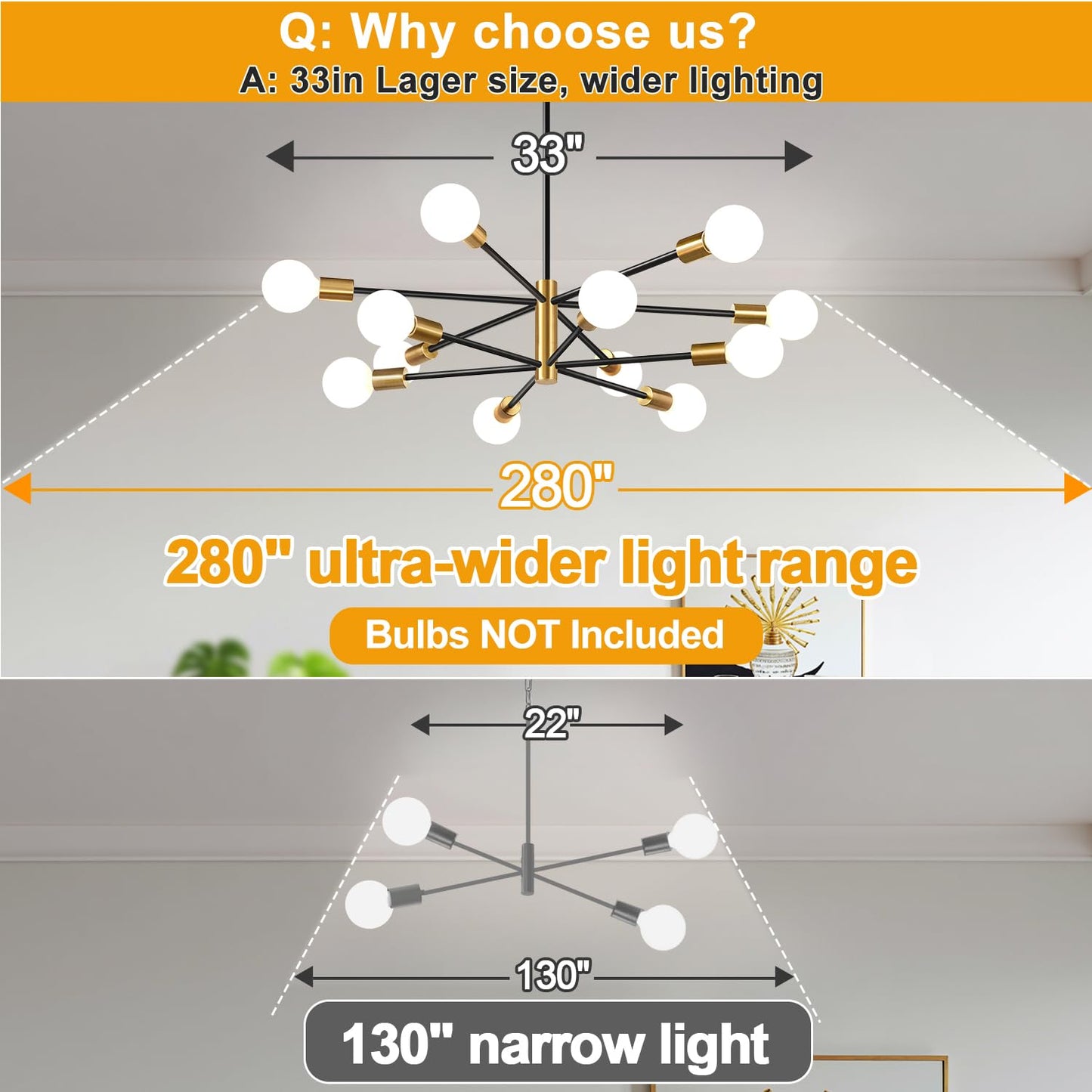 33" Modern Chandelier Ceiling Light Fixture, 12-Light Sputnik Chandeliers Brushed Gold and Black Mid Century Chandelier Over Table, Height Adjustable Chandeliers for Dining Room Living Room Kitchen