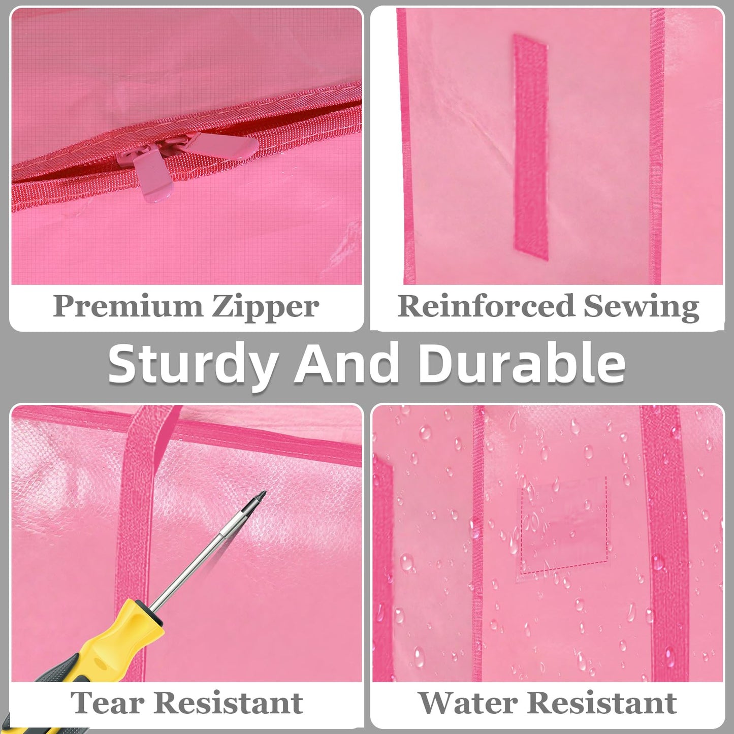 8 Pack-Extra Large Heavy Duty Moving Bags - Waterproof Storage Totes with Handles & Zippers, Foldable for College Dorm, Storage (Pink)