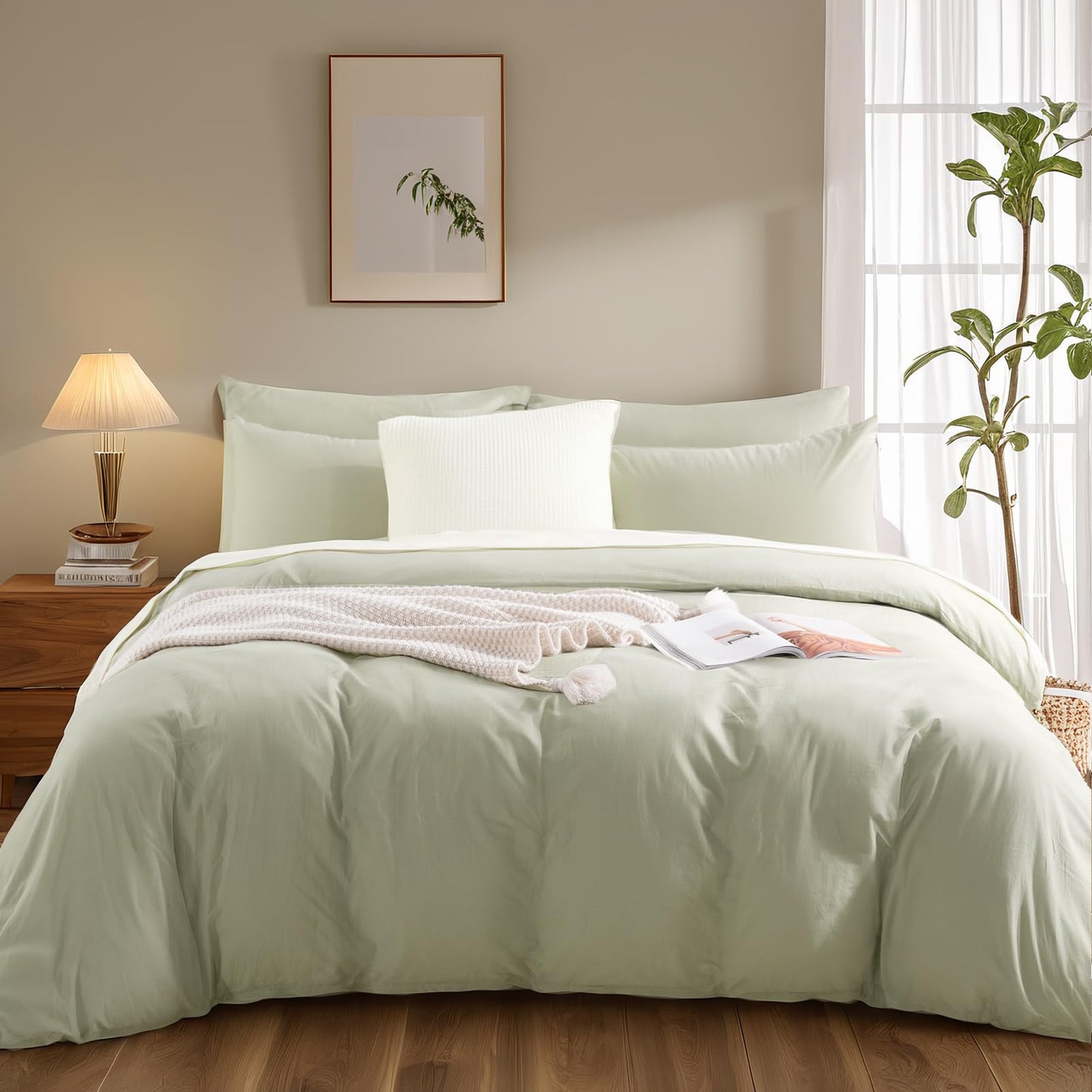 NEXHOME PRO Queen Duvet Cover Set – 100% Certified Organic Cotton with Washed Feel & Linen-Like Texture, Comfortable & Breathable, Home Bedding Set Sage Green (No Comforter)