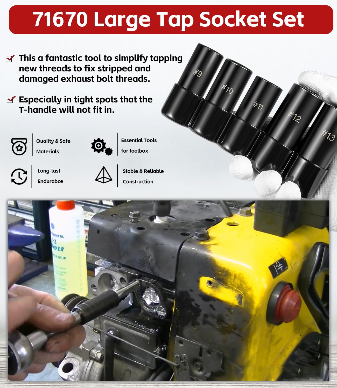 71670 Tap Socket Set Fits 5/8", 11/16", 3/4", 7/8" and 1" Taps, 1/2" Drive, Tap Sockets Adapter For Larger, M.C.T.I. Standard Taps, Large Tap Socket Wrench Set