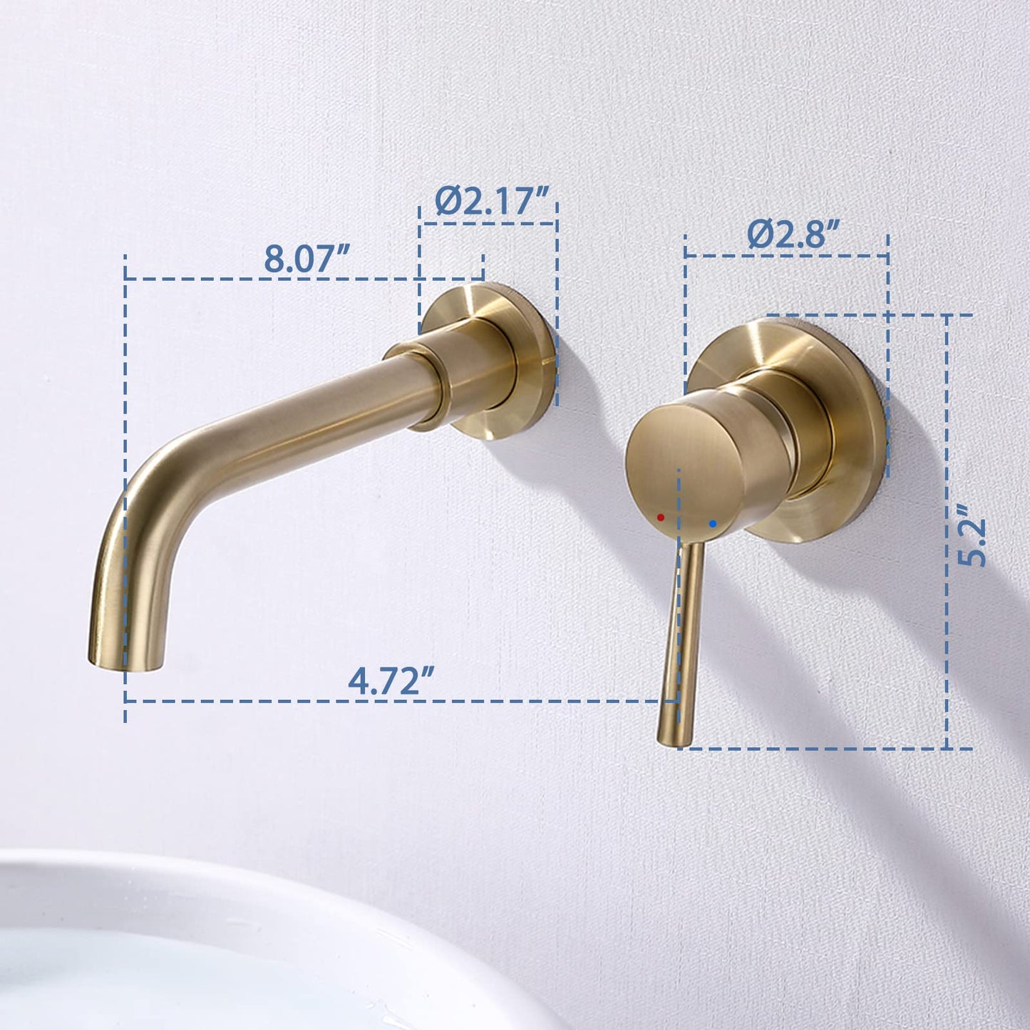 HMEGAO Wall Mount Bathroom Faucet Brushed Gold Bathroom Faucet Bathroom Sink Faucet with Single Handle and Rough in Valve Included