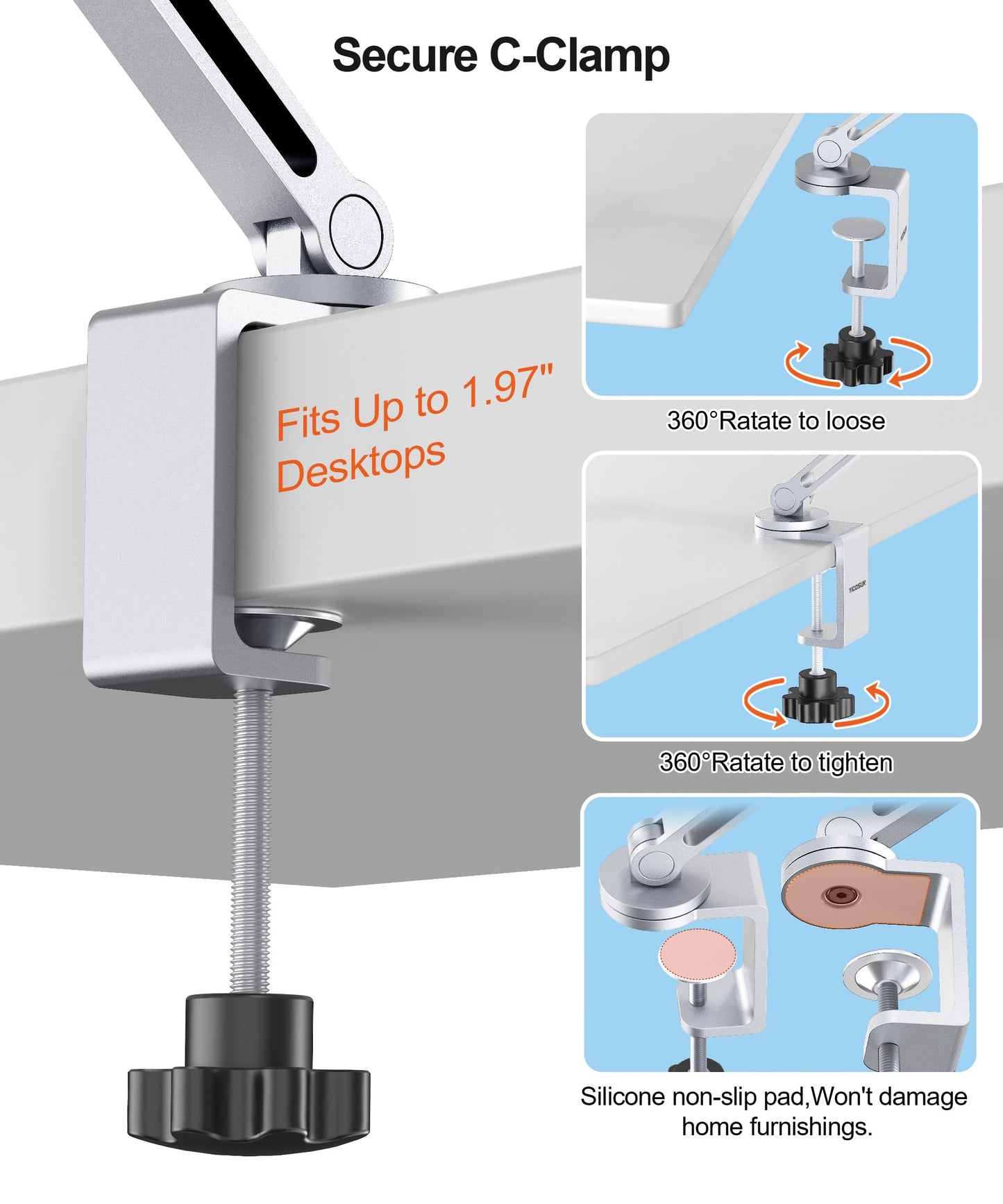 YICOSUN Tablet Arm Mount with Super Grip, Adjustable Foldable Holder & Heavy Duty Aluminum 360° Rotating Clamp for iPad, Phone, Monitor, Kindle - Universal for Desk, Bed, Kitchen - Silver