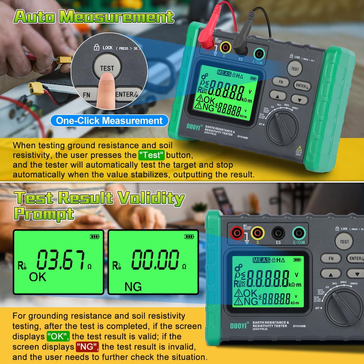 DUOYI Earth Resistance Tester 0.03-2000 ohm Meter,Upgraded Digital Earth Ground Resistance Tester 2/3 Wire Measurement AC/DC Voltage Meter with Batteries,Tool Bag
