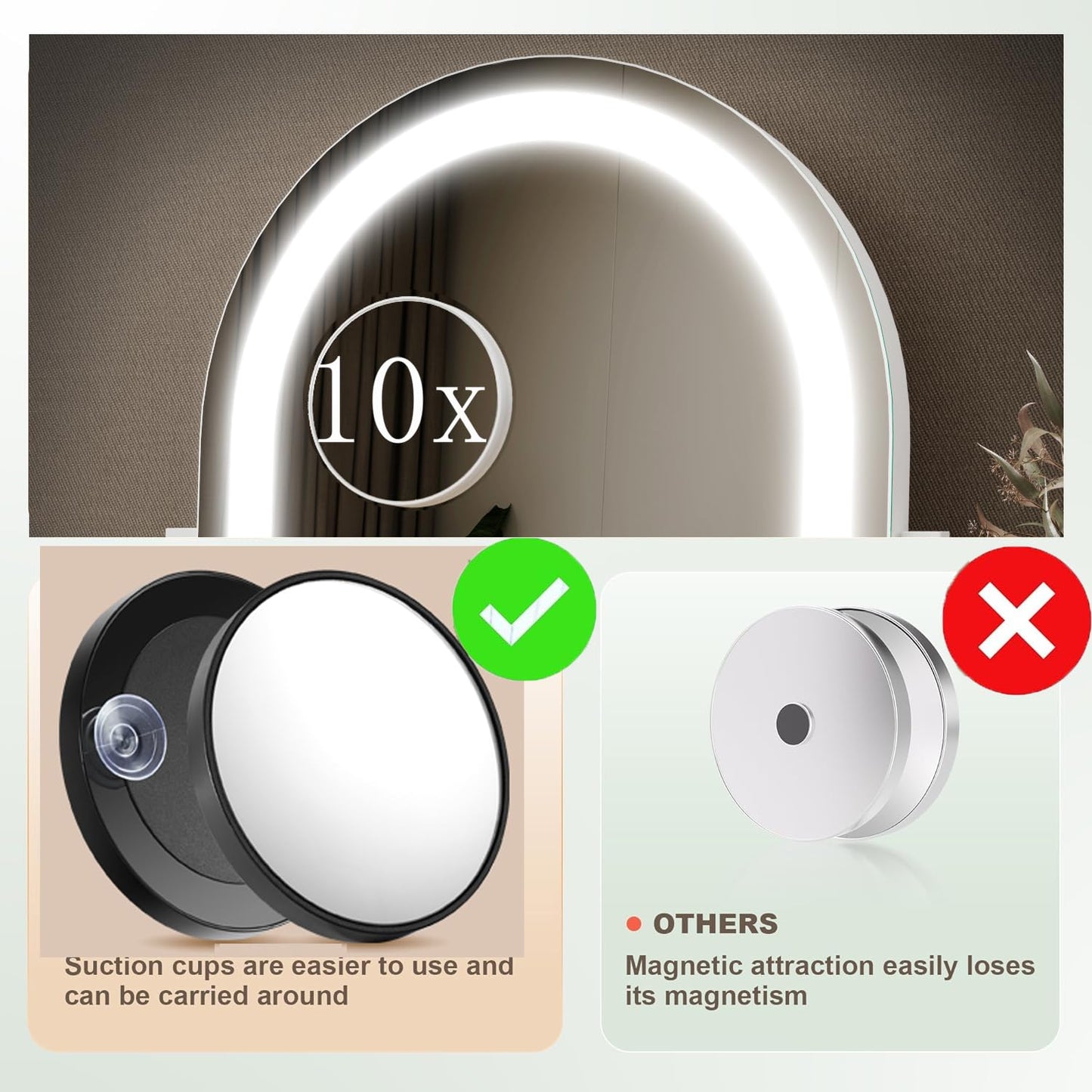 Gvnkvn Lighted Makeup Mirror, Hollywood Vanity Mirror with Lights, Three Color Lighting Modes, and Detachable 10X Magnification Mirror, Smart Touch Control, 360°Rotation (15.2in. Curved)