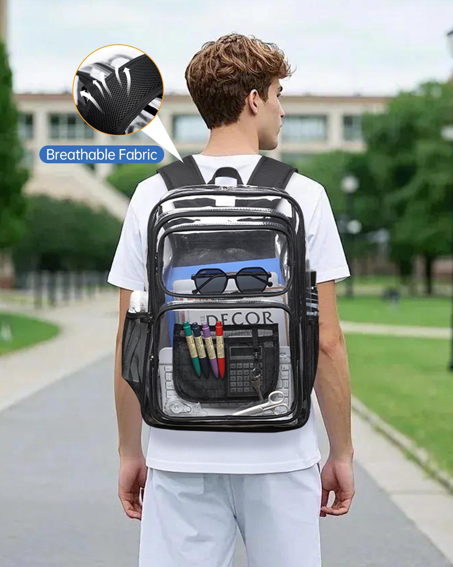 BAVERGE Clear Backpack Heavy Duty -18 Inch Extra Large Bookbag 3 Front Pockets and Lock for Stadium Events, Travel, Work, College, Black