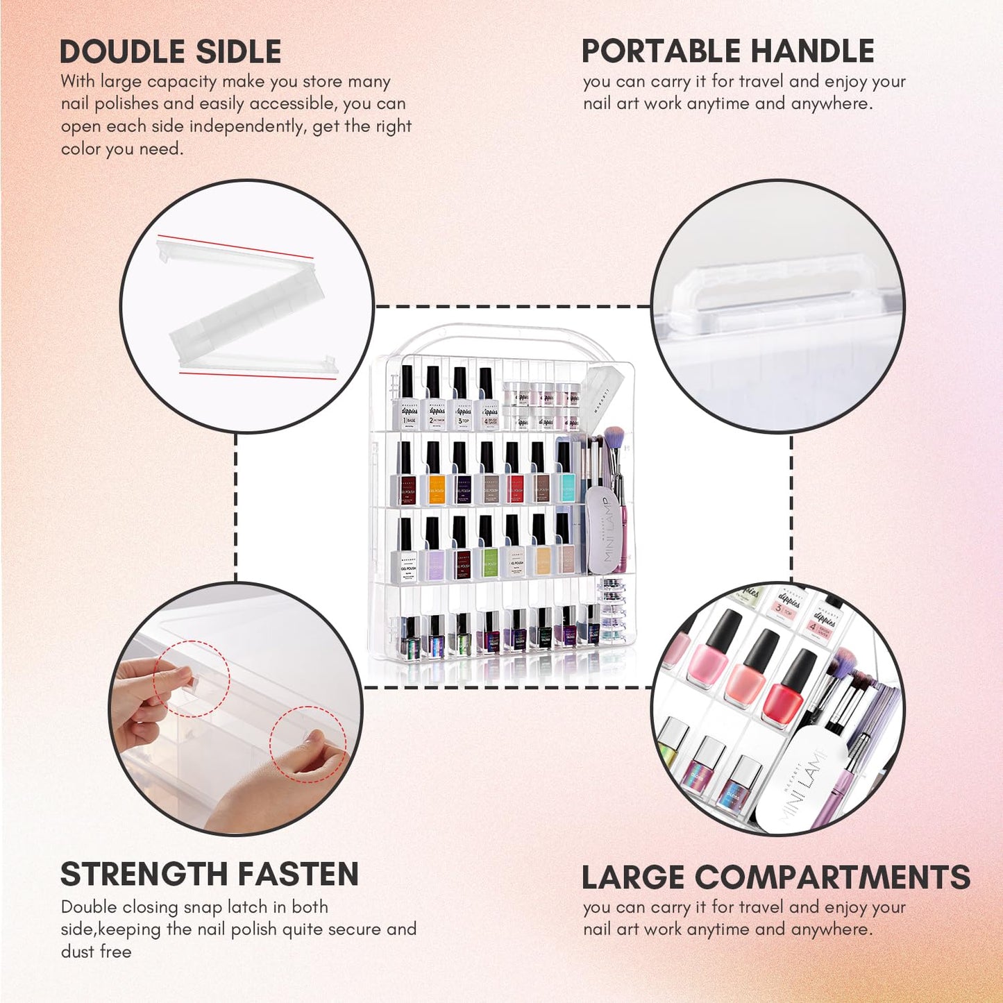 Makartt Gel Nail Polish Organizer, Clear Storage Case Holder for 60 Bottles, Large Compartment, Space-Saving, Travel Carry, Colors Display