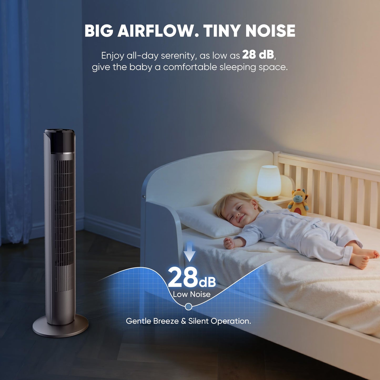 NEWBULIG Tower Fan for Bedroom, Oscillating Standing Bladeless Fan with Remote, 5 Speeds & 4Modes, 28db Quiet for Sleep, 25ft/s High Velocity, 12H Timer, Office, Home, Dorm