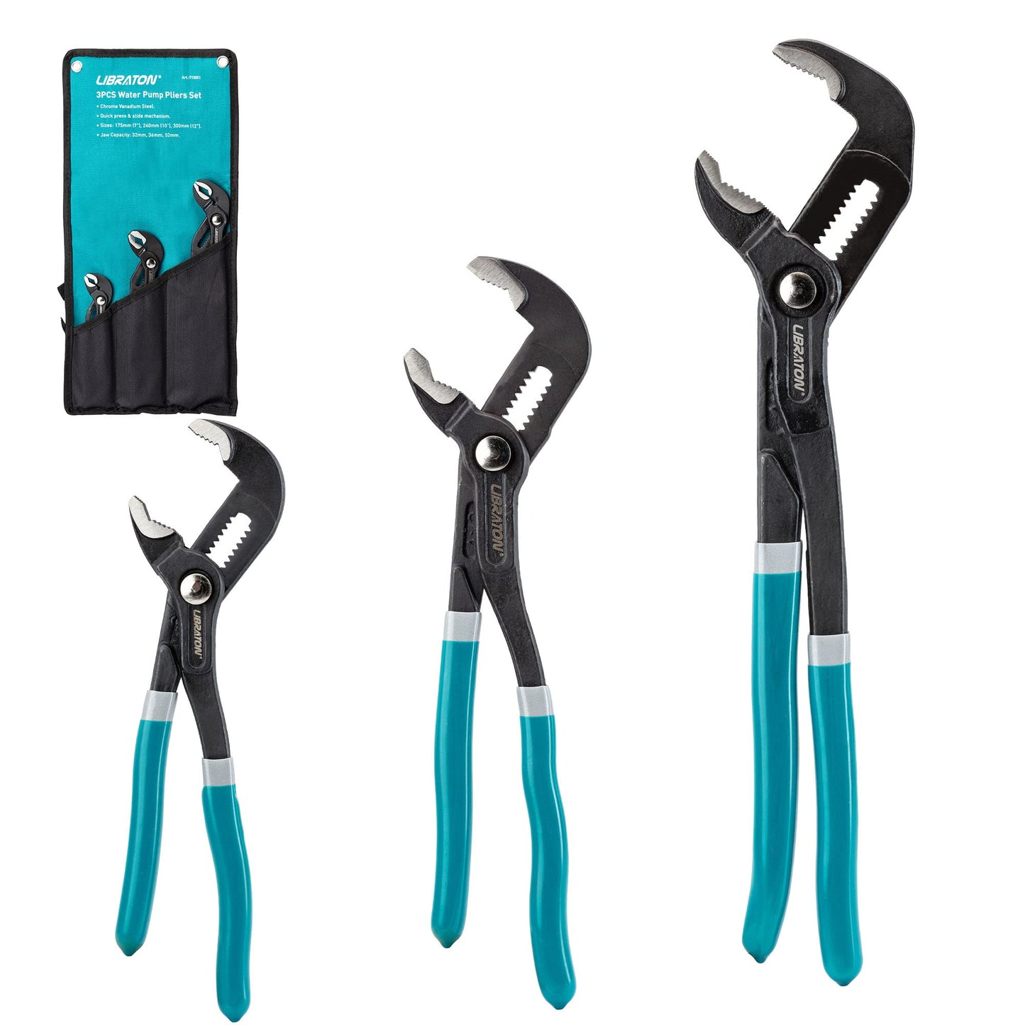 Libraton Water Pump Pliers, Groove Joint Pliers Set, V-Jaw Tongue and Groove Pliers in CR-V Steel, 7 10 12Inch Plumbing Pliers, Adjustable Pliers, Ratcheting Push Button Adjustment Mechanism