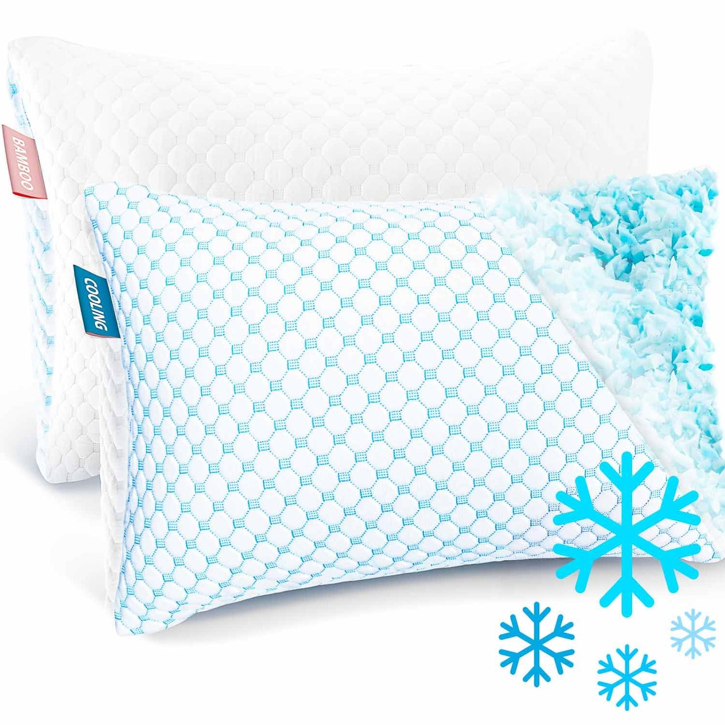 Nestl Cooling Pillow for Sleeping 2 Pack, Luxury Shredded Memory Foam Pillows Queen Size Set of 2, Adjustable Cold Gel Pillows for Hot Sleepers Supportive Cool Pillow for Side Back Stomach Sleepers