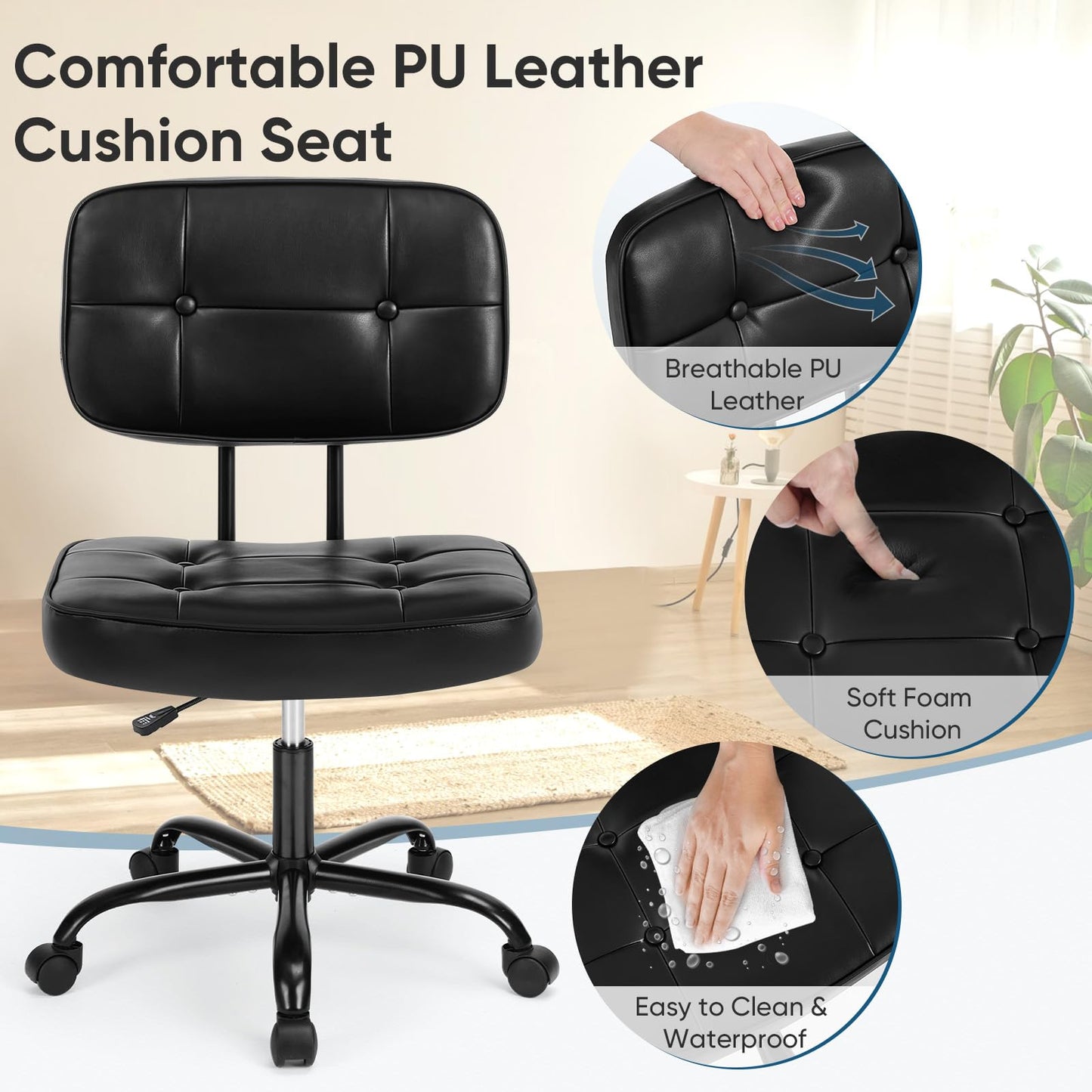 DUMOS Home Office Desk Chair - Ergonomic Armless PU Leather Computer Rolling Task Chair，with Comfy Lumbar Support and Height Adjustable, Vanity, Bedroom, Living Room, Black