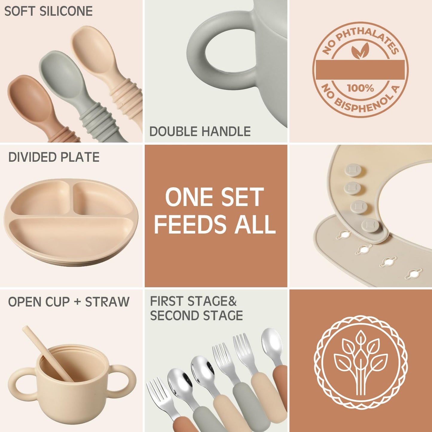 24 Pack Silicone Baby Feeding Set Baby LED Weaning Supplies Includes Suction Divided Plates Soft Bowl Spoons Forks Adjustable Bib Snack Cup and Straws(Walnut Color, Beige, Smoky Gray)